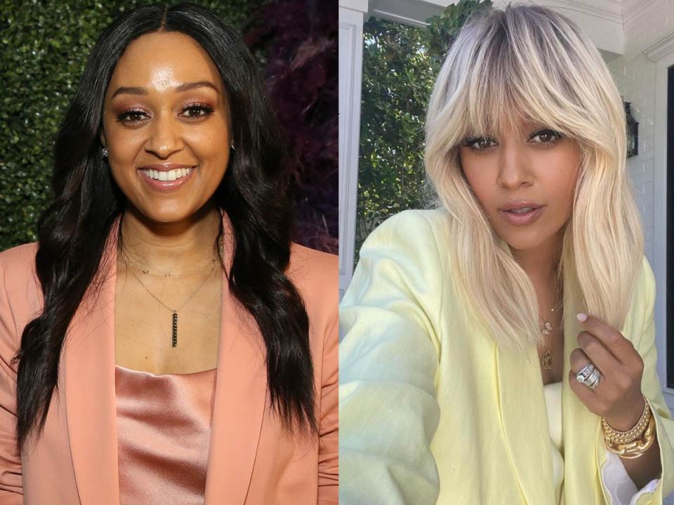Tia Mowry with long brown hair and Tia Mowry with blonde hair and bangs.