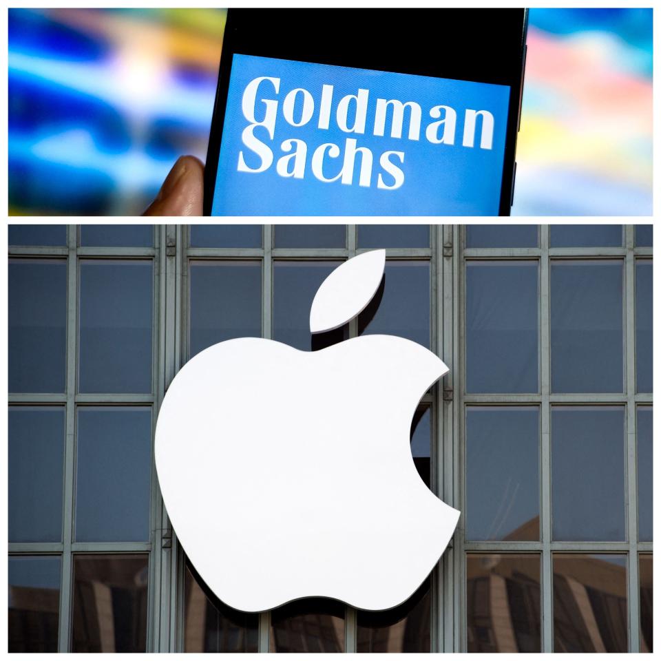 The Goldman Sachs logo, displayed on a phone screen above, and Apple's logo on the side of a building below.