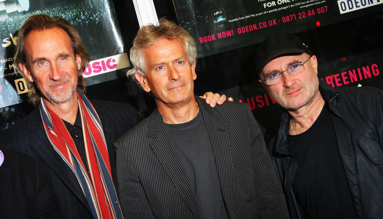 Members of the band Genesis, Mike Rutherford, Tony Banks, and Phil Collins reunite for the DVD Premiere at Kensington Odeon on May 20, 2008 in London, England. (Photo by Chris Jackson/Getty Images)