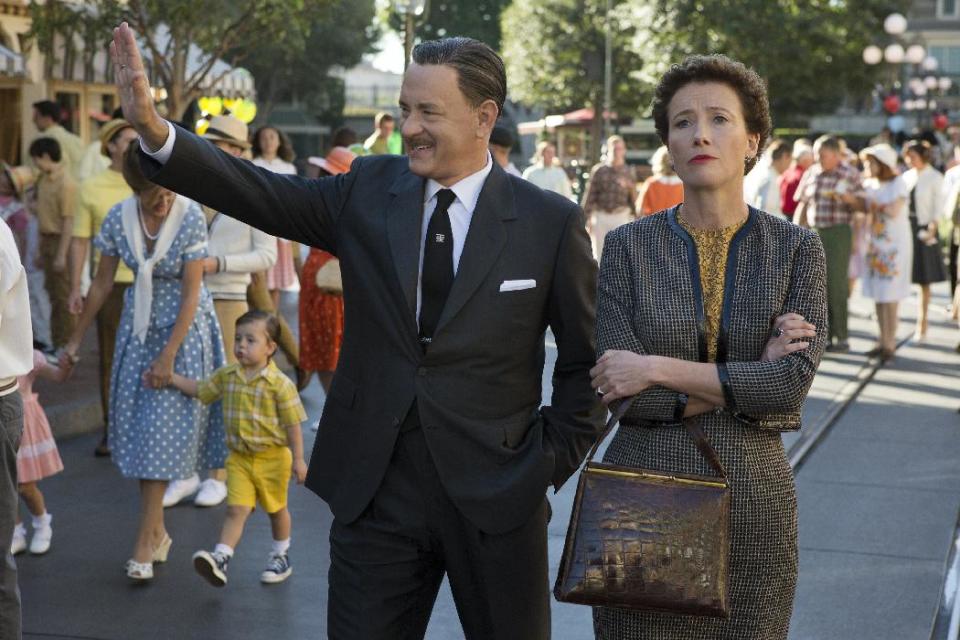 This image released by Disney shows Tom Hanks as Walt Disney, left, and Emma Thompson as author P.L. Travers in a scene from "Saving Mr. Banks." (AP Photo/Disney, François Duhamel)