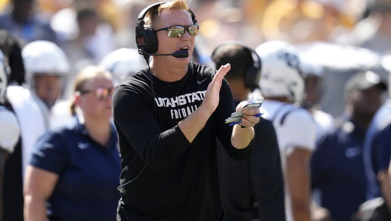 Utah State coach Blake Anderson watches from the sideline during a game against Iowa on Sept. 2, 2023, in Iowa City, Iowa.