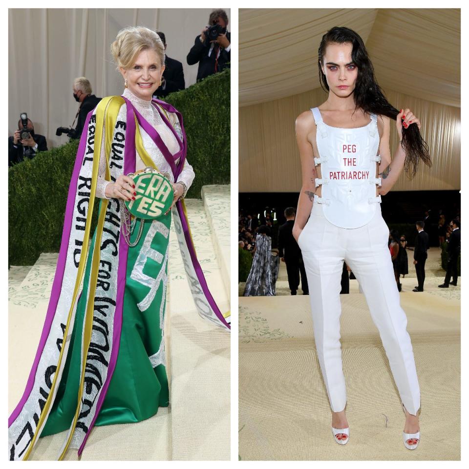 Congresswoman Carolyn B. Maloney (left) and supermodel Cara Delevingne (right) also made political statements on the Met Gala red carpet - Jeff Kravitz/FilmMagic/ Getty Images 