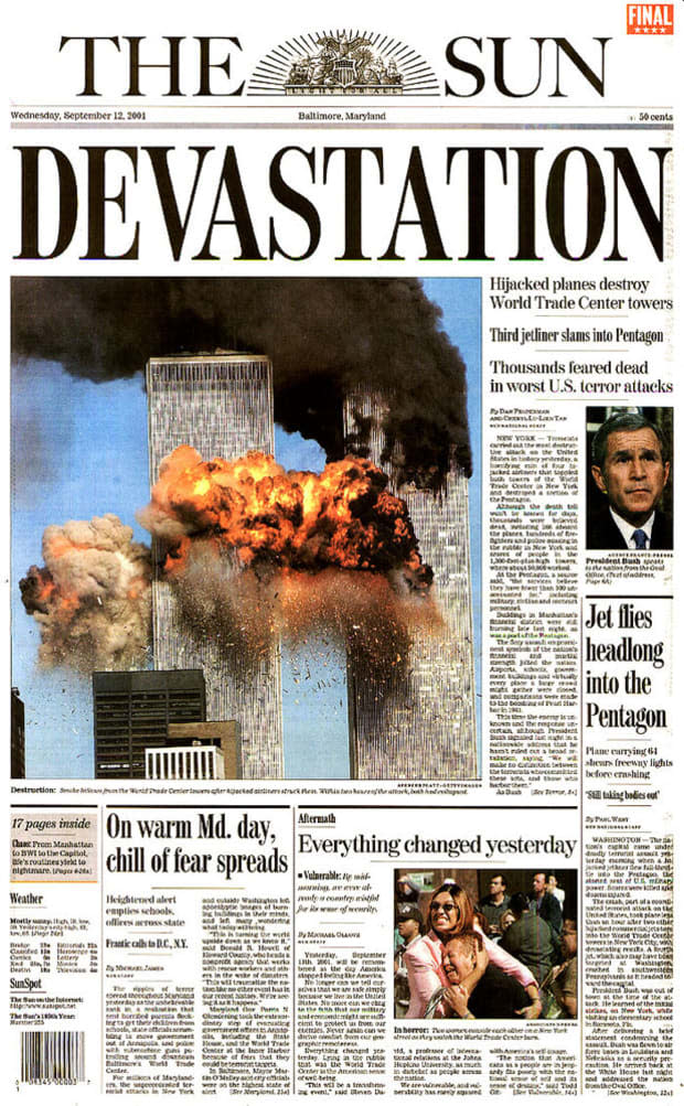 <p>"Devastation: Hijacked planes destroy World Trade Center towers; Third jetliner slams into Pentagon; Thousands feared dead in worst U.S. terror attacks"</p>