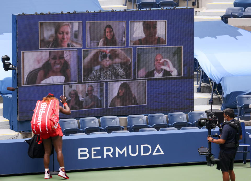 NEW YORK, NEW YORK - SEPTEMBER 09: Serena Williams of the United States waves to the Jumbotron as she walks off courter after winning her Women's Singles quarterfinal match against Tsvetana Pironkova of Bulgaria on Day Ten of the 2020 US Open at the USTA Billie Jean King National Tennis Center on September 9, 2020 in the Queens borough of New York City. (Photo by Al Bello/Getty Images)