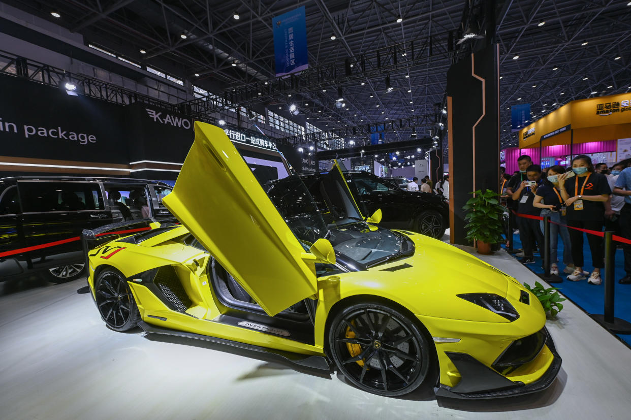 A Lamborghini car is on display at Kawo booth during the first China International Consumer Products Expo in Haikou, Hainan, on 8 May. Photo: VCG/VCG via Getty Images