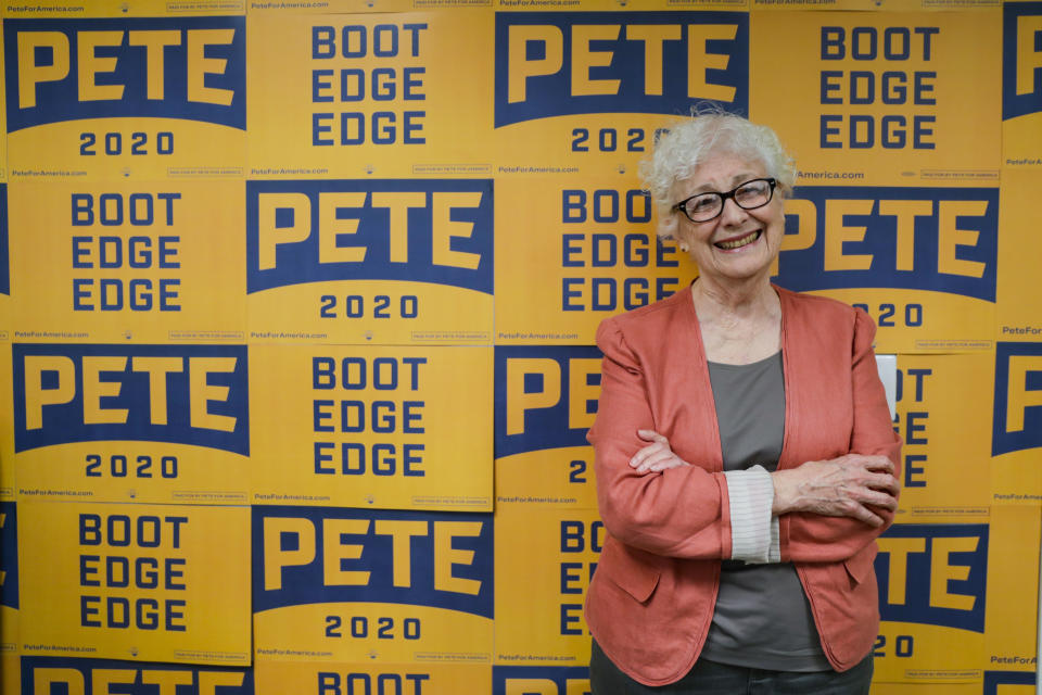 Anne Montgomery, mother of Democratic presidential candidate South Bend Mayor Pete Buttigieg, poses in his campaign office in South Bend, Ind., Wednesday, Sept. 25, 2019. (AP Photo/Michael Conroy)