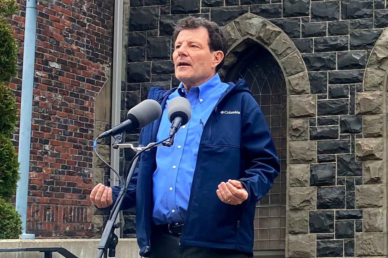 Former New York Times journalist Nicholas Kristof talks about his candidacy for governor of Oregon, Wednesday, Oct. 27, 2021, in Portland.