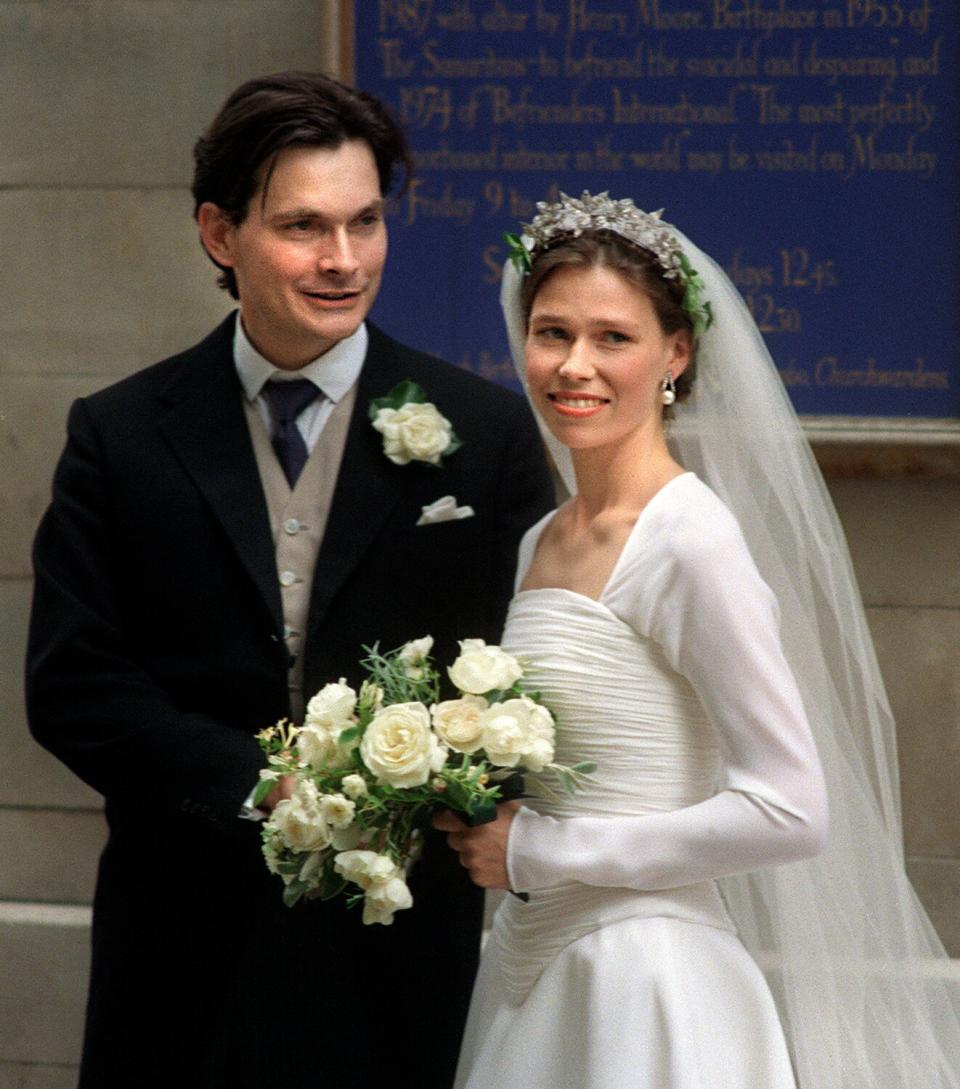 Bride Sarah Armstrong-Jones daughter of Britain's Princess Margaret and Lord Snowdon with her groom Daniel Chatto after their wedding at St Stephen Walbrook in the City 14 July 1994. Many members of the British Royal Family attended the ceremony.