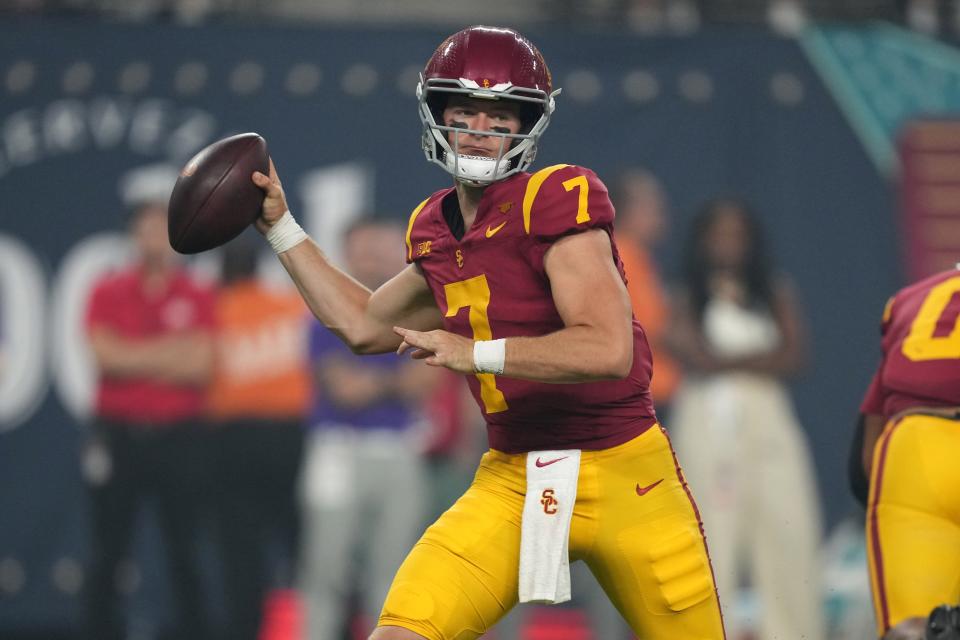 Sep 1, 2024; Paradise, Nevada, USA; Southern California Trojans quarterback Miller Moss (7) throws the ball in the second half against the LSU Tigers at Allegiant Stadium. Mandatory Credit: Kirby Lee-USA TODAY Sports