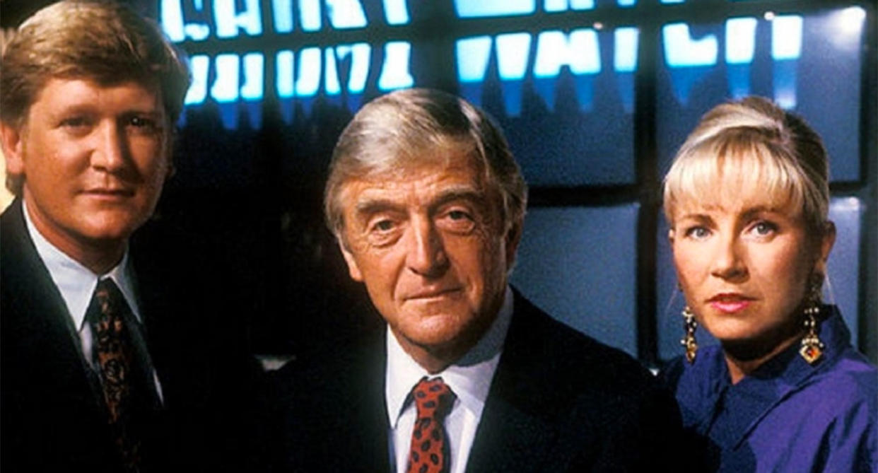 Mike Smith, Michael Parkinson and Sarah Greene in Ghostwatch. (BBC)