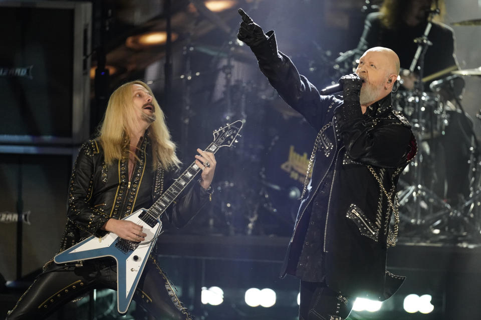 Inductees Richie Faulkner, left, and Rob Halford of Judas Priest perform during the Rock & Roll Hall of Fame Induction Ceremony on Saturday, Nov. 5, 2022, at the Microsoft Theater in Los Angeles. (AP Photo/Chris Pizzello)