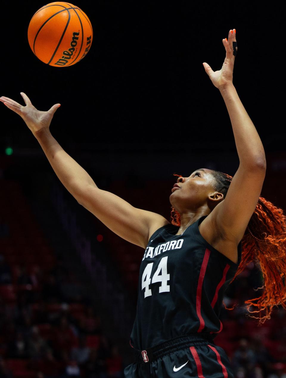 Stanford Cardinal forward Kiki Iriafen (44) jumps up for the rebound during a college women’s basketball game between the Utah Utes and the Stanford Cardinal at the Jon M. Huntsman Center in Salt Lake City on Friday, Jan. 12, 2024. | Megan Nielsen, Deseret News