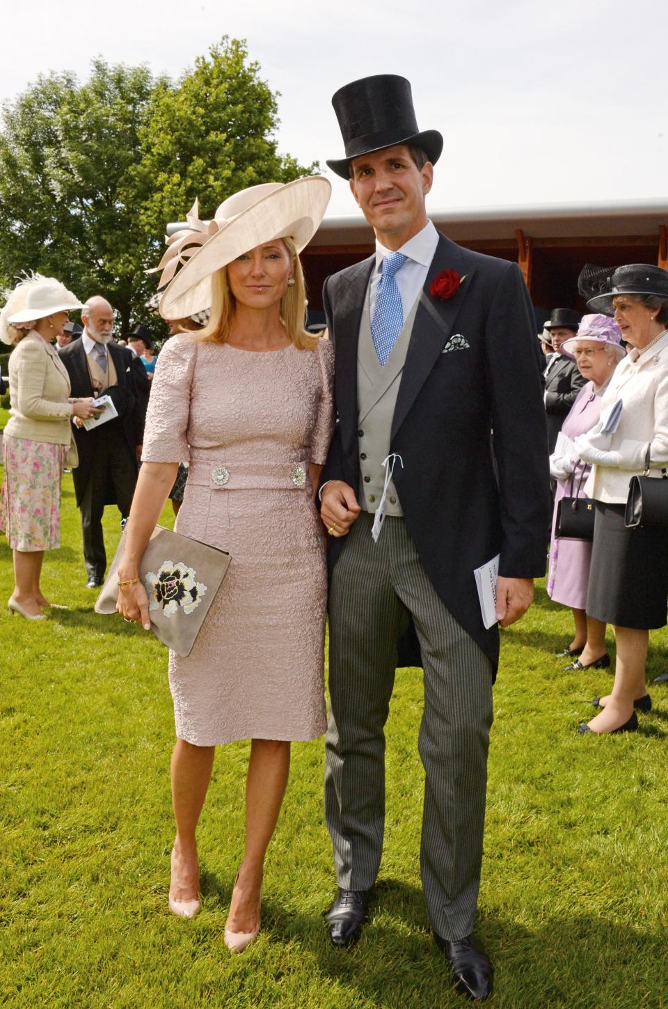 Crown Princess Marie-Chantal of Greece wears a pink dress at the Derby Festival