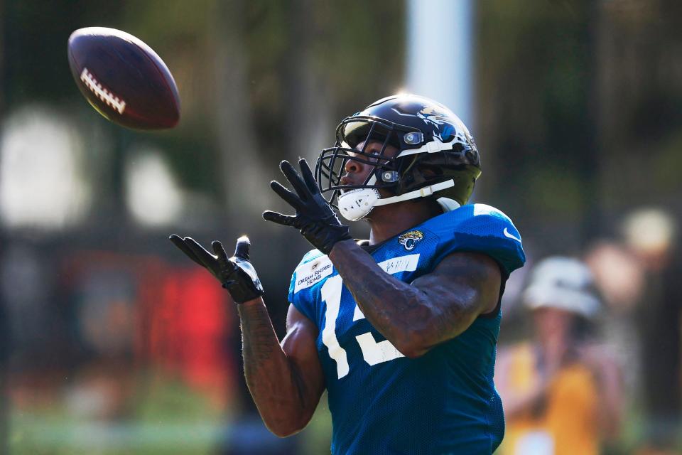 Jacksonville Jaguars wide receiver Tim Jones (15) hauls in a reception during training camp Monday, Aug. 7, 2023 at Miller Electric Center at EverBank Stadium in Jacksonville, Fla. This was the 11th day of training camp. 