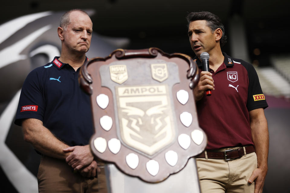 Michael Maguire and Billy Slater with the State of Origin shield.