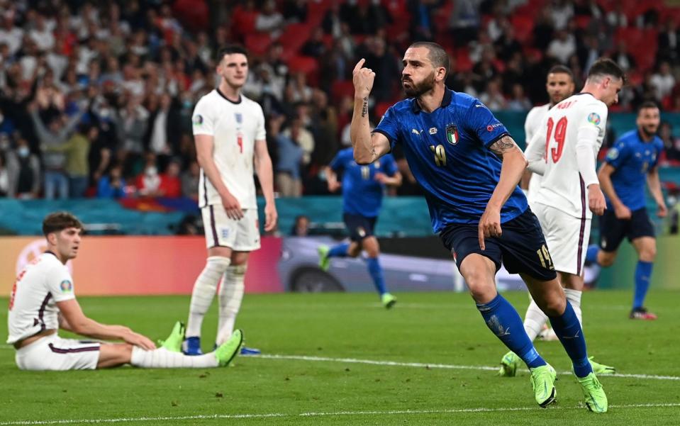 Leonardo Bonucci (C) of Italy celebrates scoring the equalizer during the UEFA EURO 2020 final between Italy and England in London - SHUTTERSTOCK