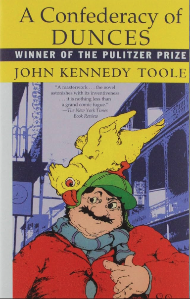 Cover of "A Confederacy of Dunces" by John Kennedy Toole, featuring a drawing of the comical character Ignatius J. Reilly