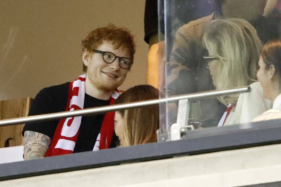 MELBOURNE, AUSTRALIA - MARCH 27: Ed Sheeran attends the 2021 AFL Round 02 match between the St Kilda Saints and the Melbourne Demons at Marvel Stadium on March 27, 2021 in Melbourne, Australia. (Photo by Dylan Burns/AFL Photos via Getty Images)