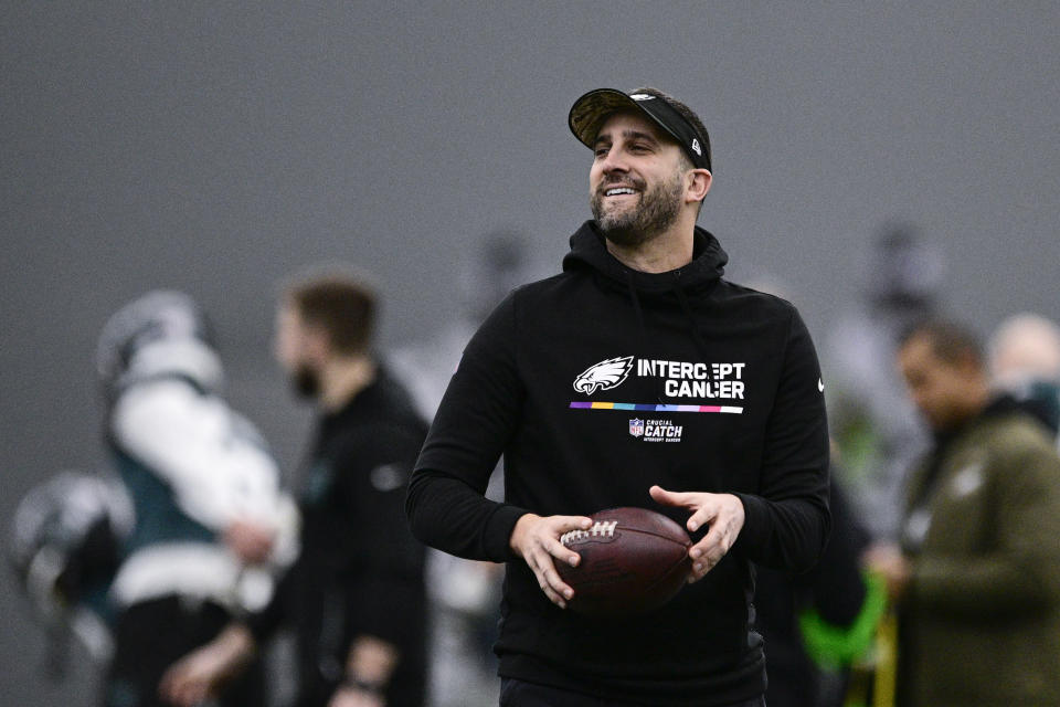 Philadelphia Eagles head coach Nick Sirianni smiles during practice at the NFL football team's training facility, Saturday, Feb. 4, 2023, in Philadelphia. (AP Photo/Derik Hamilton)