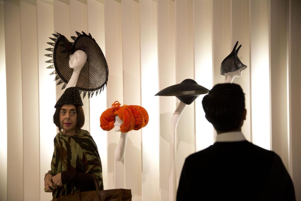 Philip Treacy hats are displayed at the press view of the "Isabella Blow: Fashion Galore!" exhibition in London, Tuesday, Nov. 19, 2013. The exhibition, which runs from November 20 to March 2, celebrates the life and wardrobe of the late British patron of fashion and art who discovered many young fashion design talents. (AP Photo/Matt Dunham)