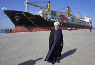 FILE - In this Dec. 3, 2017 file photo, Iranian President Hassan Rouhani poses during the inauguration a newly built extension of the port of Chabahar, constructed by Revolutionary Guard-affiliated company, Khatam al-Anbia, the largest Iranian contractor of government construction projects, near the Pakistani border, on the Gulf of Oman, southeastern Iran. On Monday, April 8, 2019, the Trump administration designated Iran’s Revolutionary Guard a “foreign terrorist organization” in an unprecedented move against a national armed force. (AP Photo/Ebrahim Noroozi, File )