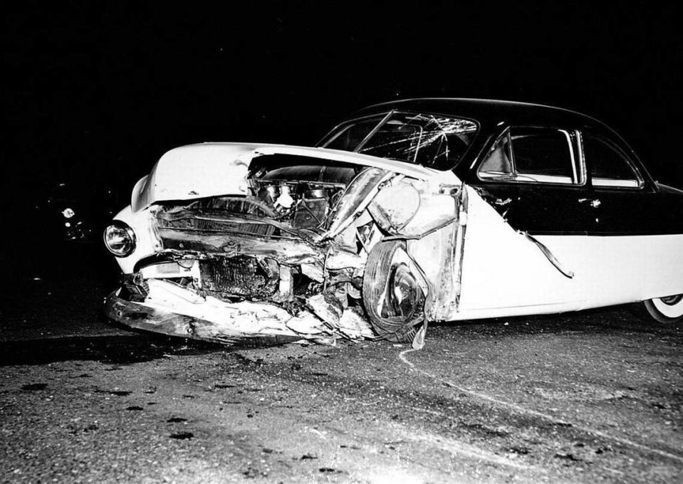 Donald Turnupseed’s car sits at the site of the crash that killed James Dean in Cholame in 1955.