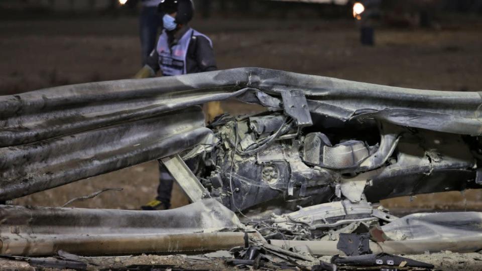 The remains of Romain Grosjean's Haas after his crash at the 2020 Bahrain Grand Prix. Sakhir, November 2020. Credit: PA Images
