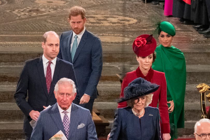 LONDON, ENGLAND - MARCH 09: Prince William, Duke of Cambridge, Catherine, Duchess of Cambridge, Prince Harry, Duke of Sussex, Meghan, Duchess of Sussex, Prince Charles, Prince of Wales and Camilla, Duchess of Cornwall attend the Commonwealth Day Service 2020 on March 9, 2020 in London, England. (Photo by Phil Harris - WPA Pool/Getty Images)