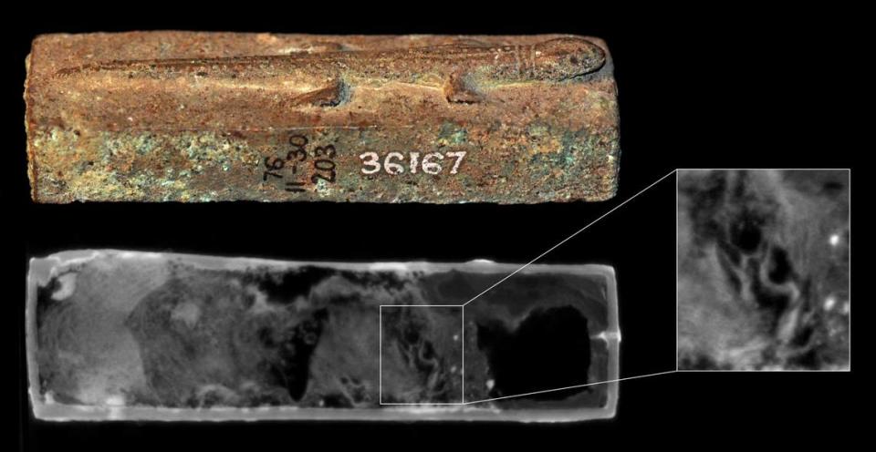 The scan allows researchers to see inside the metal box without opening it, decreasing the risk of damage to the coffin.