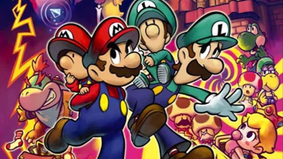 Cover for Mario and Luigi: Partners in Time featuring the characters, their baby versions, and others in more traditional 2D-art