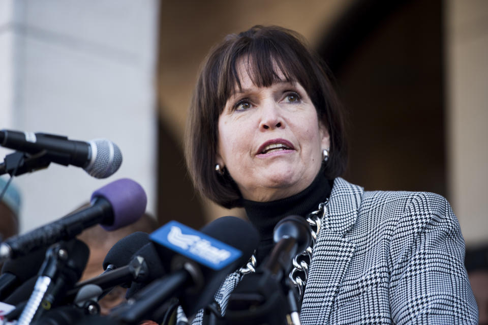 Rep. Betty McCollum (D-Minn.) speaks to the media&nbsp;after prayers at the Dar Al-Hijrah Mosque in Falls Church, Virginia, in 2015. (Photo: Bill Clark via Getty Images)