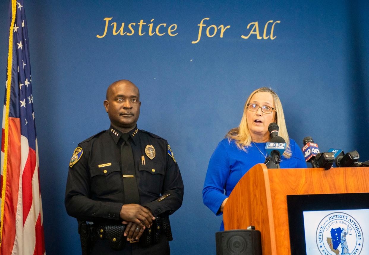 San Joaquin County District Attorney Tori Verber Salazar speaks about the arraignment of alleged serial killer Wesley Brownlee during a news conference at the DA's office in downtown Stockton on Tuesday, Oct. 18, 2022. 