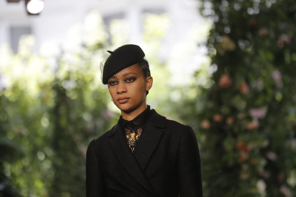 A model wears a creation for the Dior Haute Couture Fall-Winter 2020 fashion collection presented in Paris, Monday, July 1 2019. (AP Photo/Michel Euler)