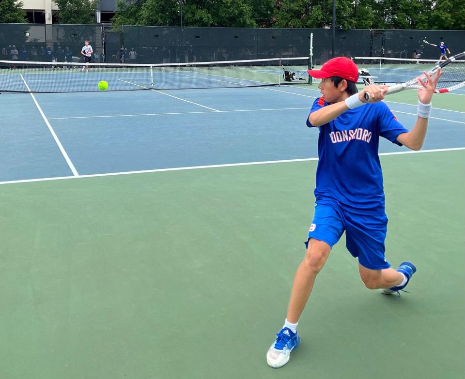 Boonsboro freshman Hunter Liao prepares to hit a slice backhand during action at the Maryland State Tennis Championships (Class 1A) on May 26 at the Wilde Lake Tennis Center. Liao advanced to the state final.