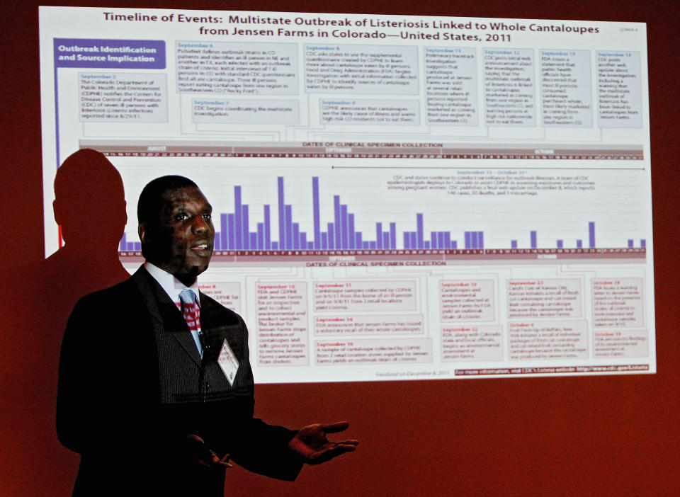 Larry Goodridge, an associated professor with Colorado State University, talks about the 2011 cantaloupe listeria outbreak during the Governor's Forum on Colorado Agriculture in Denver on Thursday, Feb.23, 2012. A listeria outbreak in cantaloupe traced to Jensen Farms in southern Colorado last year killed 32 people around the country, according to the Centers for Disease Control and Prevention. (AP Photo/Ed Andrieski)