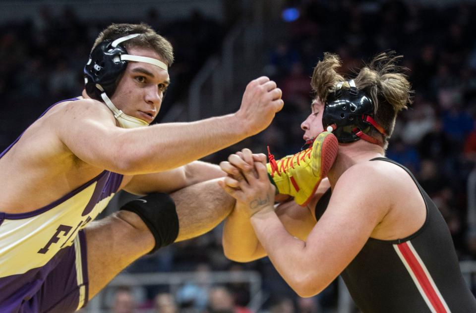 Elijah Diakomihalis (Hilton) defeated Zachary Caldwell (St. Francis) to win the Division I 190-pound championship during the NYSPHSAA Wrestling Championships at the MVP Arena in Albany Feb. 24, 2024.