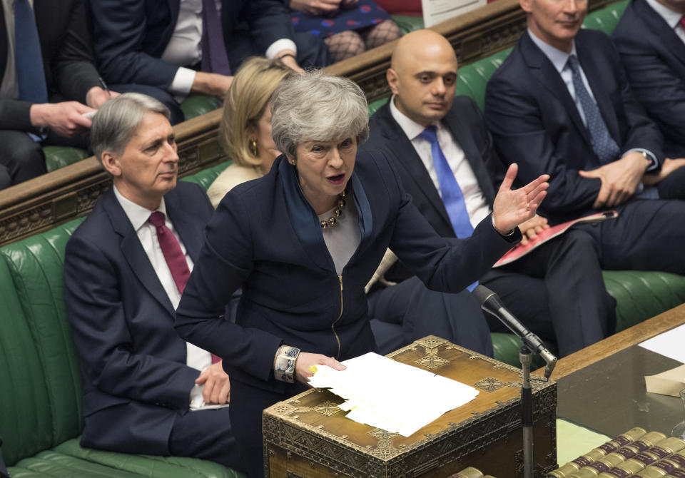 In this photo provided by the UK Parliament, Britain's Prime Minister Theresa May addresses MP's in the Palace of Westminster in London, Wednesday, April 3, 2019. A Brexit-related vote in Britain's House of Commons on Wednesday ended in a tie, the first time that has happened in a quarter-century. Under Parliament's rules, the speaker of the House has tie-breaking power. Speaker John Bercow cast his vote with the noes. He said that was in keeping with the principle that "it is not for the chair to create a majority that otherwise doesn't exist." (Mark Duffy/UK Parliament via AP)