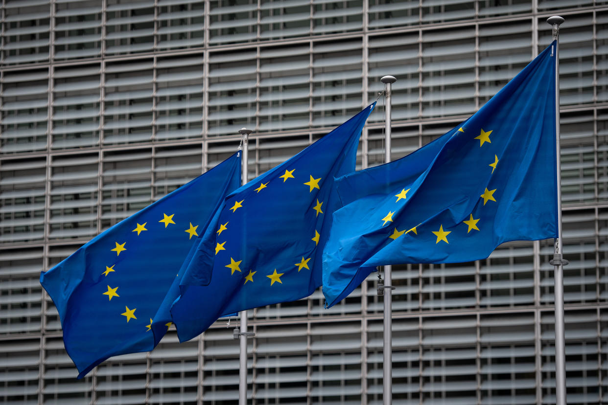 BRUSSELS, BELGIUM - MARCH 02: European flags are seen outside the European Commission on March 02, 2020 in Brussels, Belgium. The UK chief negotiator David Frost has met his EU counterpart Michel Barnier to begin formal negotiations of the future relationship between the EU and UK. (Photo by Leon Neal/Getty Images)