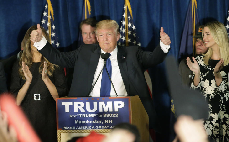 FILE -In this Feb. 9, 2016, file photo, then-Republican presidential candidate Donald Trump gives thumbs up to supporters during a primary night rally in Manchester, N.H. An effort to put the New Hampshire Republican Party in President Donald Trump’s corner ahead of the state’s leadoff presidential primary is facing both private and public pushback. (AP Photo/David Goldman, File)