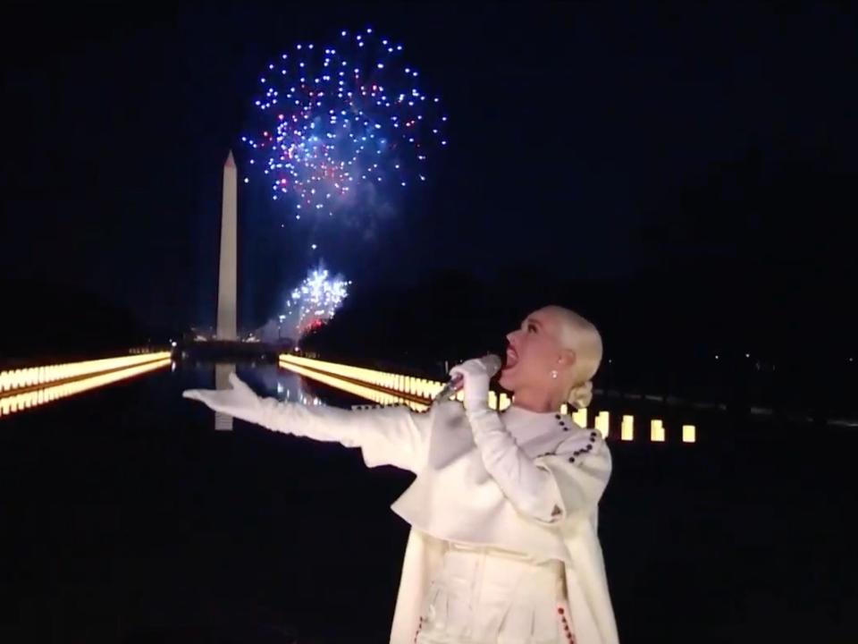 <p>Katy Perry closes inauguration concert with explosive firework display</p> (Getty Images)