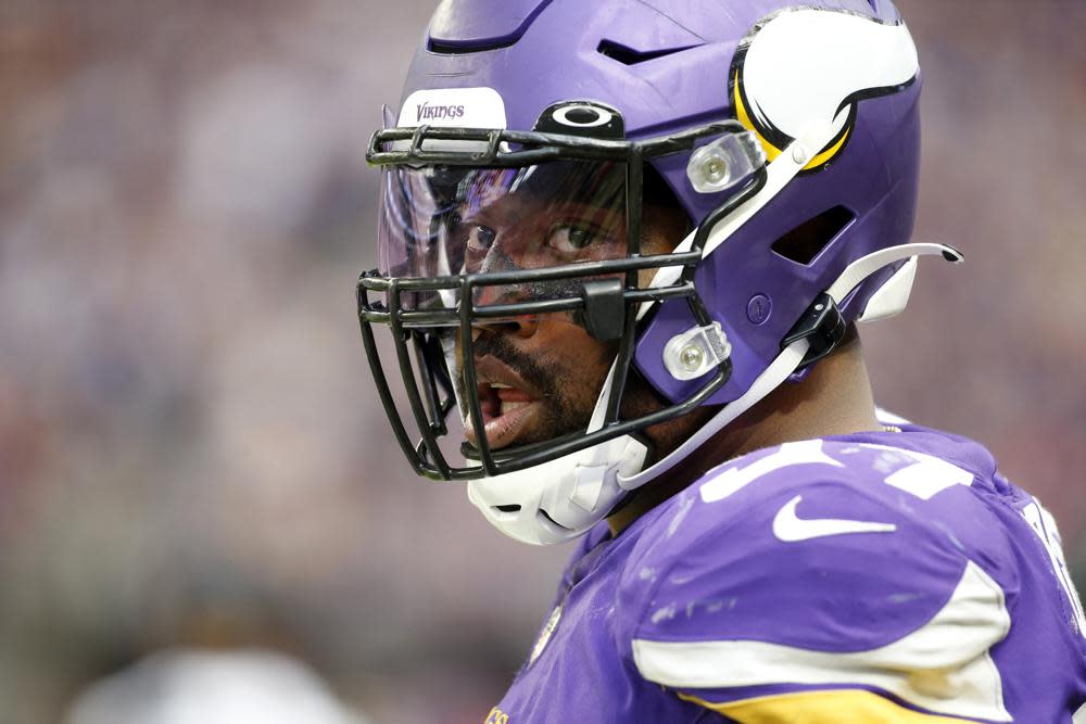 Minnesota Vikings defensive end Everson Griffen stands on the field during the second half of an NFL football game against the Detroit Lions, Oct. 10, 2021, in Minneapolis. (AP Photo/Bruce Kluckhohn, file)