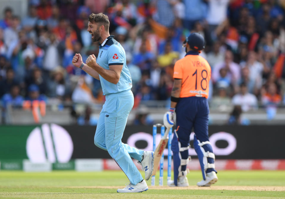 BIRMINGHAM, ENGLAND - JUNE 30: Liam Plunkett of England celebrates after taking the wicket of Virat Kohli of India during the Group Stage match of the ICC Cricket World Cup 2019 between England and India at Edgbaston on June 30, 2019 in Birmingham, England. (Photo by Stu Forster-IDI/IDI via Getty Images)