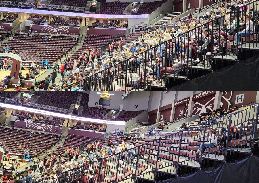 The difference betweeen the first and second half student sections at Missouri State's men's basketball game on Jan. 24. Student-athletes from various sports were honored for being on the Athletics Director's Honor Roll at halftime and left right after.