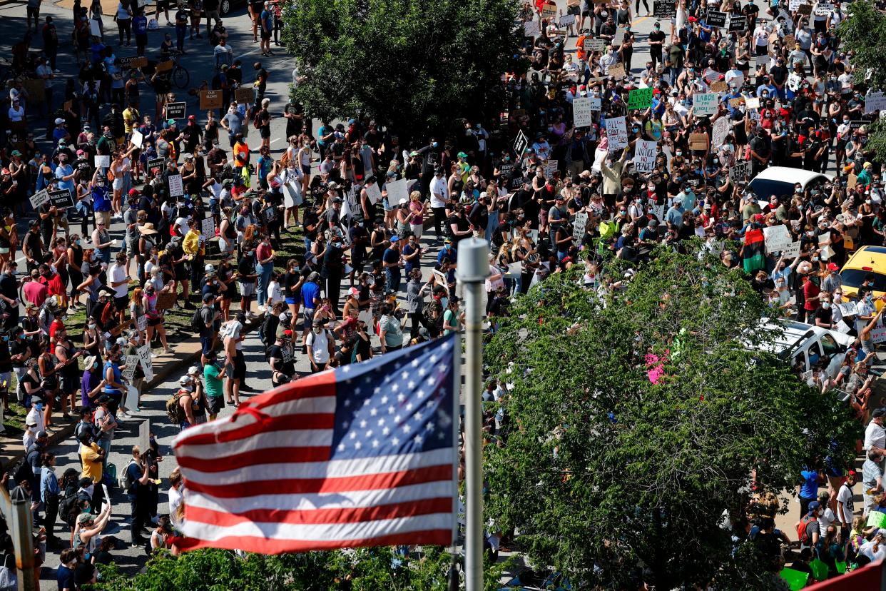 The current wave of protests, like this gathering outside St. Louis' City Justice Center on June 1, is generally supported by Americans. (AP Photo/Jeff Roberson)