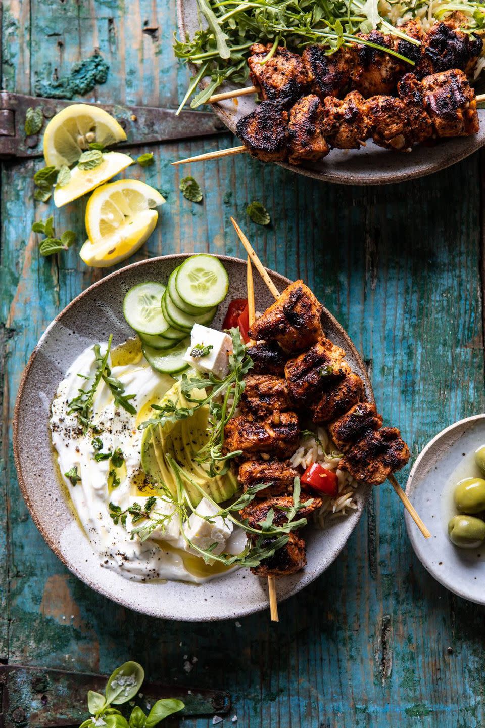 Greek Lemon Chicken Bowls with Sizzled Mint Goddess Sauce