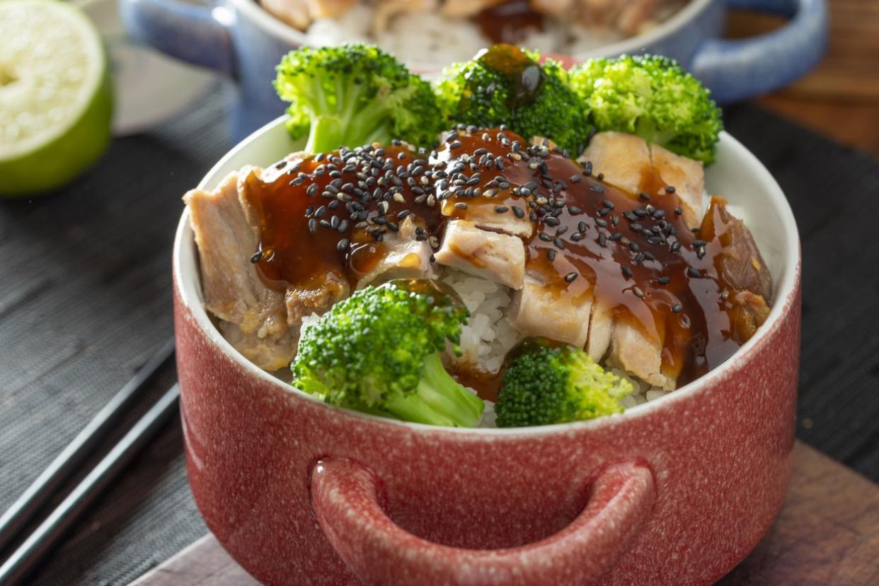 Chicken teriyaki with rice and broccoli in an individual sized ramekin