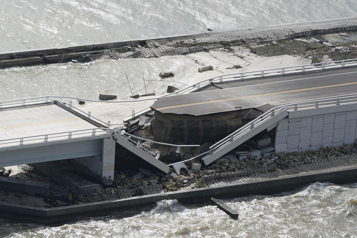 A section of the damaged Sanibel Causeway seen in the aftermath of Hurricane Ian, Thursday, Sept. 29, 2022, near Sanibel Island, Fla. 