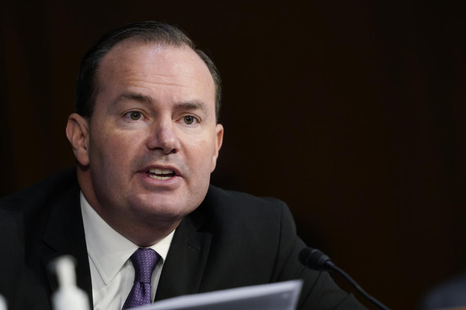 Sen. Mike Lee, R-Utah, speaks during the confirmation hearing for Supreme Court nominee Amy Coney Barrett, before the Senate Judiciary Committee, Wednesday, Oct. 14, 2020, on Capitol Hill in Washington. (AP Photo/Susan Walsh, Pool)