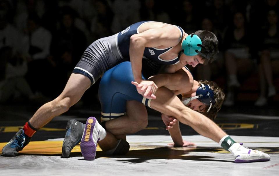 Philipsburg-Osceola’s Marcus Gable controls Bald Eagle Area’s Mason Reese in the 145 lb match during the dual on Thursday, Jan. 18, 2024.