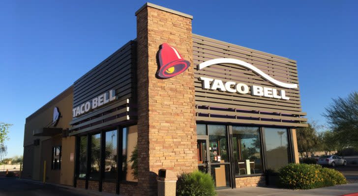 The close-up of a Taco Bell (YUM) store with logo on the front.